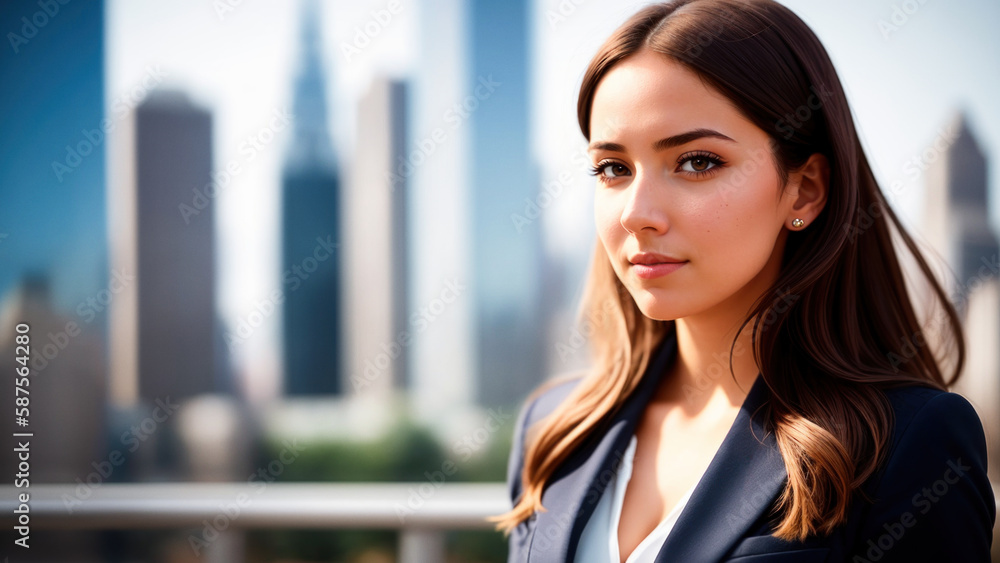 Generative AI : Portrait of a Confident Businesswoman Standing in a Cityscape, Black Suit. Generative AI : Portrait of a Confident Businesswoman Standing in a Cityscape, Black Suit.