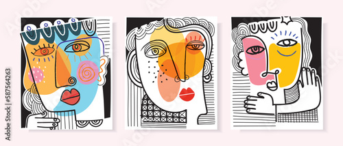 Set of abstract face portrait hand drawing, line art, black and white cubism style vector illustration.