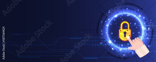 Cartoon hand points to the safety and security circuit padlock on the technology background. Network protection concept. Cybersecurity digital Protection system innovation concept.