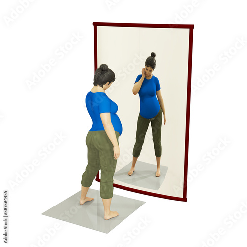 3D illustration of a casually dressed female standing in front of a curved mirror. The mirror is on the floor. The mirror shows a magnified image of the female. 