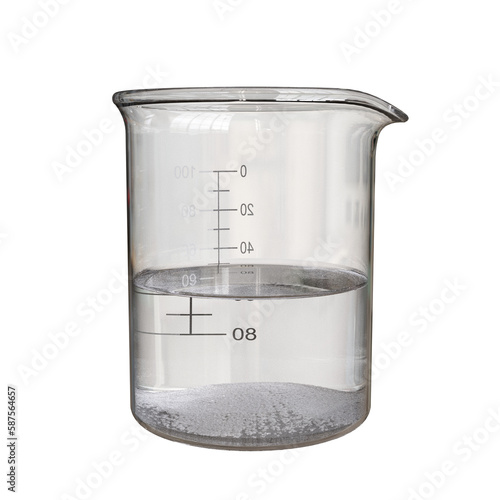 3D illustration of a beaker containing a colorless liquid. White solid granules are deposited at the bottom of the beaker. photo