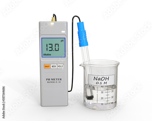 3D illustration of a beaker containing a colorless liquid and a pH meter. A probe is inserted inside the liquid in the beaker. 