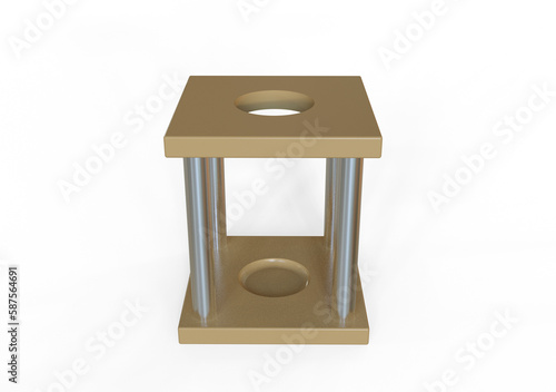 3D illustration of a test tube holder with one orifice. The top part is supported by four cylindrical metals.