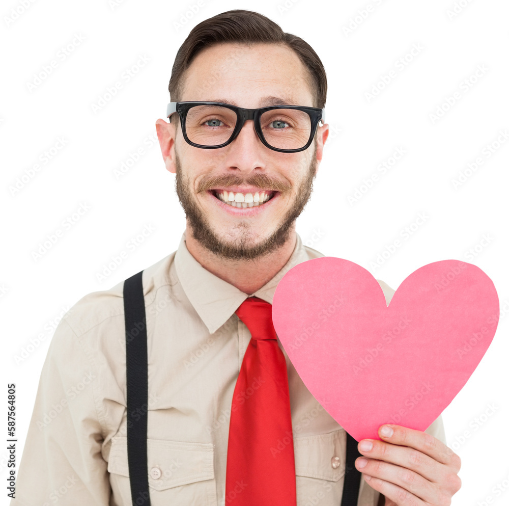 Geeky hipster smiling and holding heart card Geeky hipster smiling and holding heart card