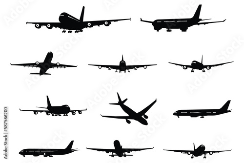 Set of airplanes silhouettes. Planes: in flight, takeoff, running, landing, front, up and profile, vector illustration of aircrafts