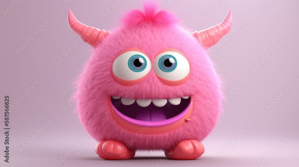 cartoon style, Pink and fluffy, with big, innocent-looking eyes and tiny little horns, little monster. Generative ai.