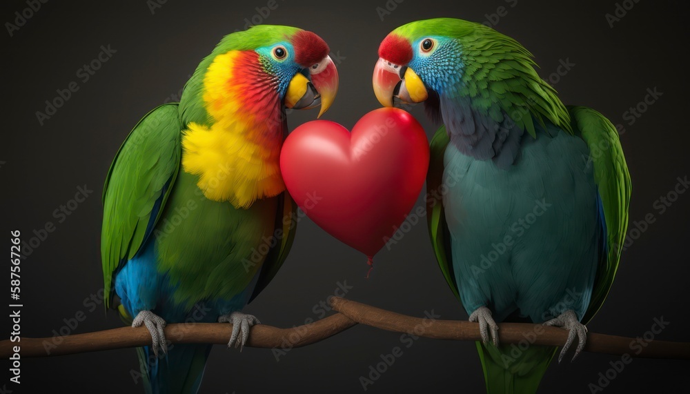 Obraz premium Adorable parrots kissing next to heart shaped balloon, colorful aesthetic valentines day concept lighting studio background, professional portrait photography, generative ai