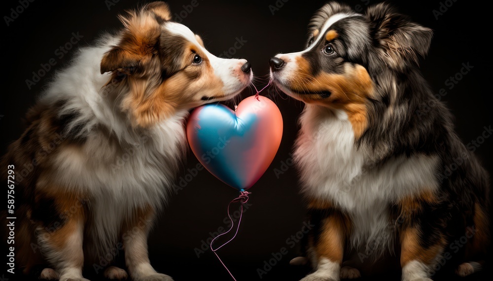 Adorable Australian shepherd dogs kissing next to heart shaped balloon, colorful aesthetic valentines day concept lighting studio background, professional portrait photography in studio, generative ai