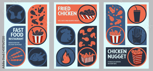 Fried chicken, French fries, soda poster design for social media marketing of a restaurant or hotel. Set of vector illustrations. Typography. Bauhaus style. Labels, cover, template, background, post. 