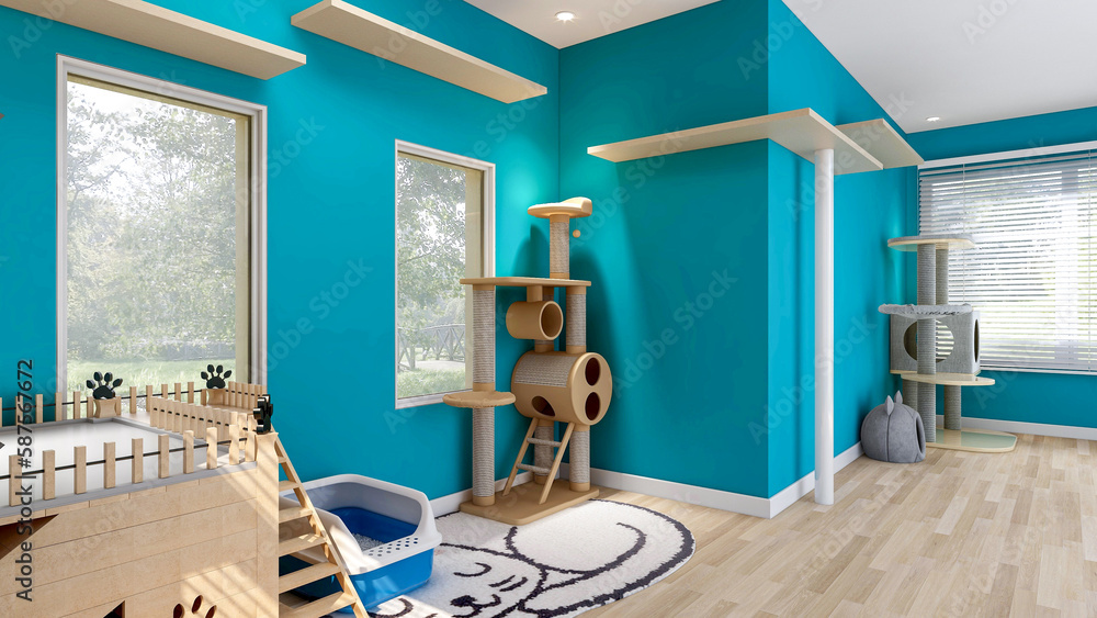 Cat s Room Interior In Blue Wall With Cat House And Cat Condo Room cat-s-room-interior-in-blue-wall-with-cat-house-and-cat-condo-room