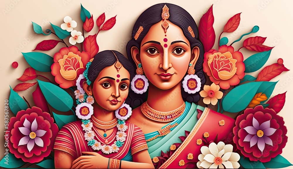 Mother's day, papercut indian mother with kid, a beautiful woman with