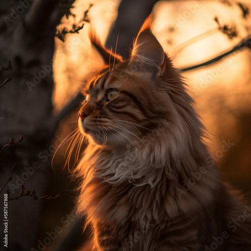 A detailed image of a majestic Maine Coon perched on a tree branch gazing into the distance during the golden hour of sunset © Hayes