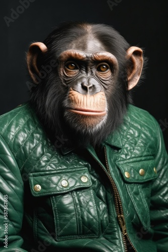 Illustration of a chimpanzee wearing a green leather jacket created with Generative AI technology © AI Visual Vault