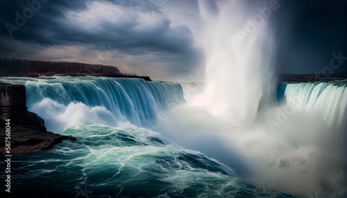 Majestic rock cliff  beauty in nature waterfall generated by AI