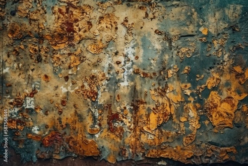 weathered and worn metal surface with a mix of yellow and brown paint. Generative AI
