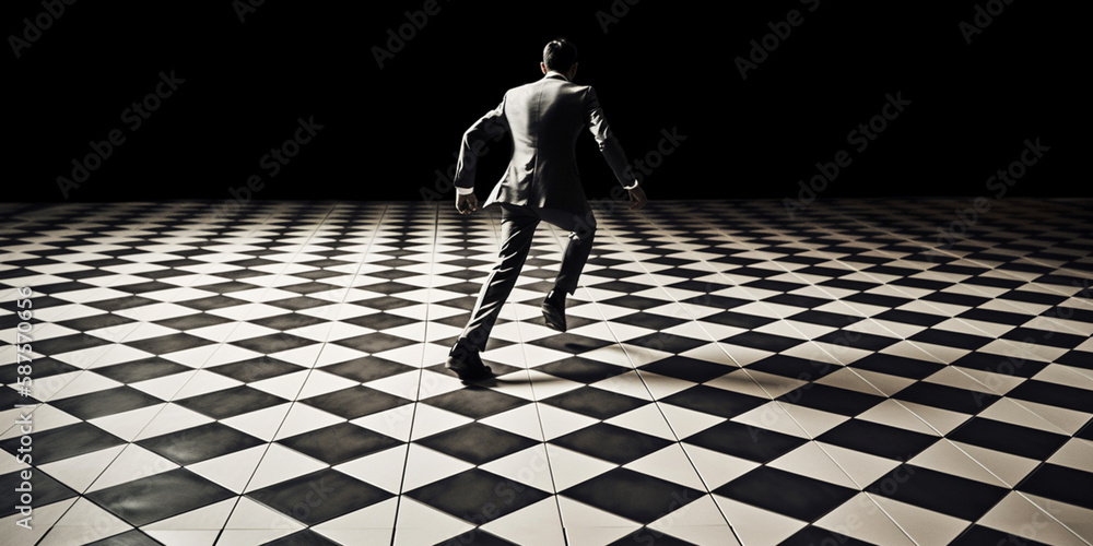 businessman running with on chess board as floor Generated AI businessman running with on chess board as floor Generated AI