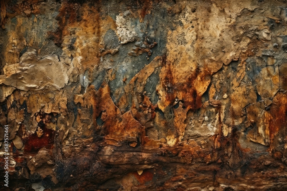 close-up view of a worn and weathered rock wall with peeling paint. Generative AI close-up view of a worn and weathered rock wall with peeling paint. Generative AI