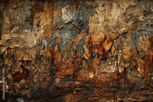 close-up view of a worn and weathered rock wall with peeling paint. Generative AI