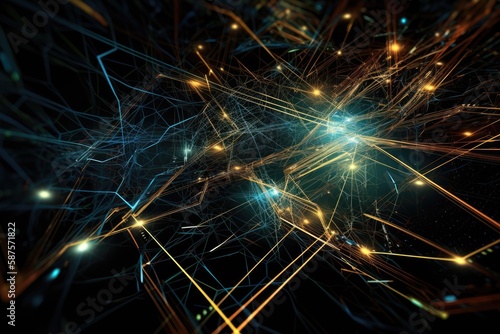 image that resembles a circuit board or a network of wires. metallic colors and sharp, angular lines to create a futuristic, technological feel background Generative AI