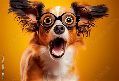 Shocked cute dog in glasses with open mouth, concept of Surprised and Amazed