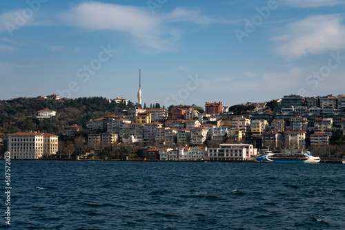 View of the Uskyudar district on the Asian side of the Bosphorus Strait of Istanbul province on a sunny day, Istanbul, Turkey