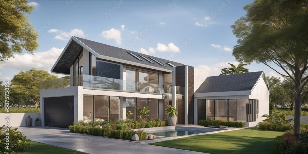 Modern impressive villa with swimming pool and garden, generative ai Modern impressive villa with swimming pool and garden, generative ai