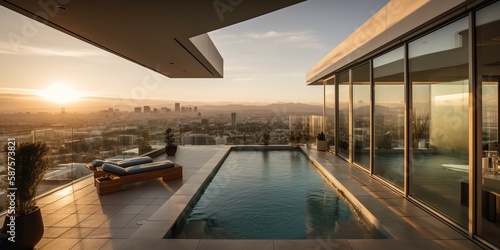 Impressive Luxury penthouse apartment terrace with pool overlooking los Angeles skyline, generative AI photo