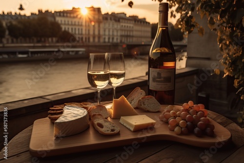 Luxury picnic in Paris with a cheese plateau and wine by the Seine, generative ai