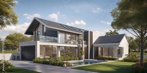 Modern impressive villa with swimming pool and garden  generative ai