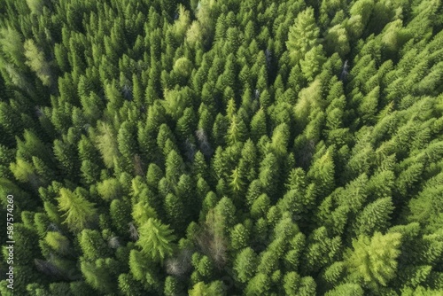 texture green woodland, taiga fir tree peaks, coniferous forest top view. Generative AI