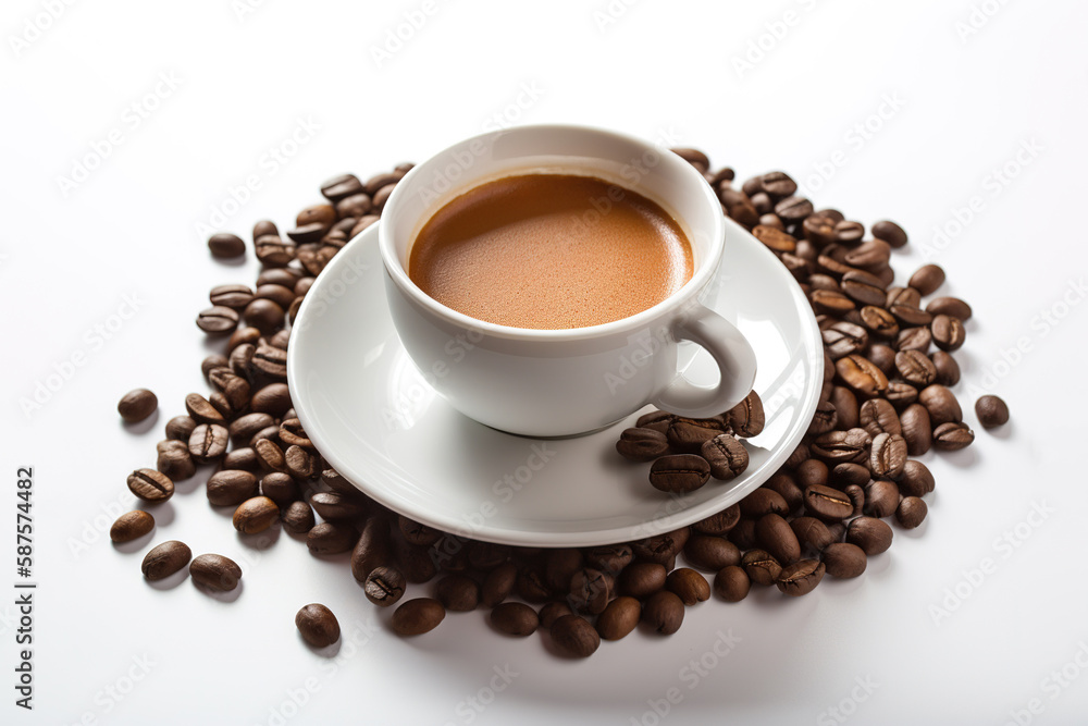 a cup of coffee with coffee beans around a saucer isolated on white background. Created with Generative AI Technology a cup of coffee with coffee beans around a saucer isolated on white background. Created with Generative AI Technology