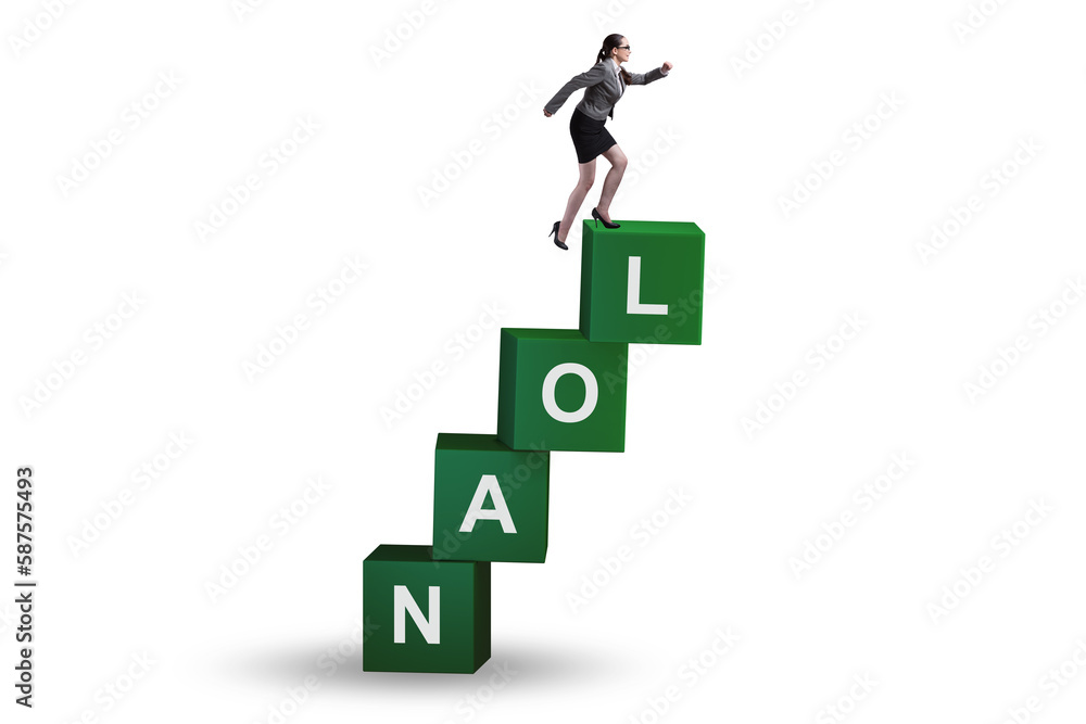 Debt and loan concept with businesswoman on cubes Debt and loan concept with businesswoman on cubes