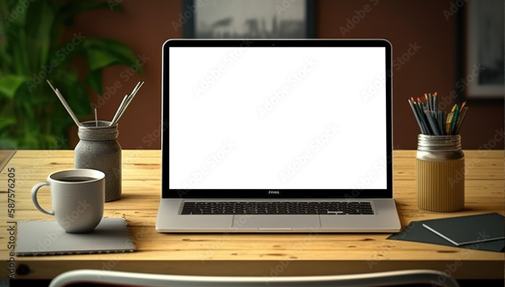 Fototapeta premium Laptop computer mock-up with cut out screen on background of office room. Based on Generative AI