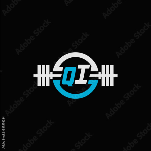 Initial letter QI logo for gym or fitness with dumbbell icon and circle line
