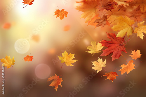Flying fall maple leaves on autumn background. Falling leaves, seasonal banner with autumn foliage, generative AI