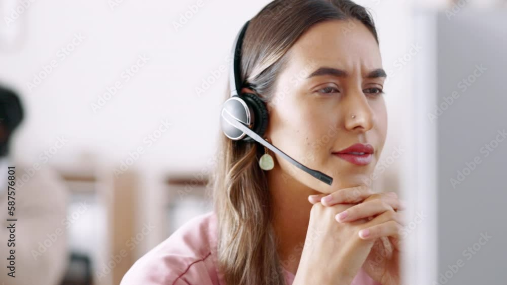 Business woman, call center and face consulting in customer service, telemarketing or support at the office. Serious female consultant or agent talking with headphones on computer for online advice Business woman, call center and face consulting in customer service, telemarketing or support at the office. Serious female consultant or agent talking with headphones on computer for online advice