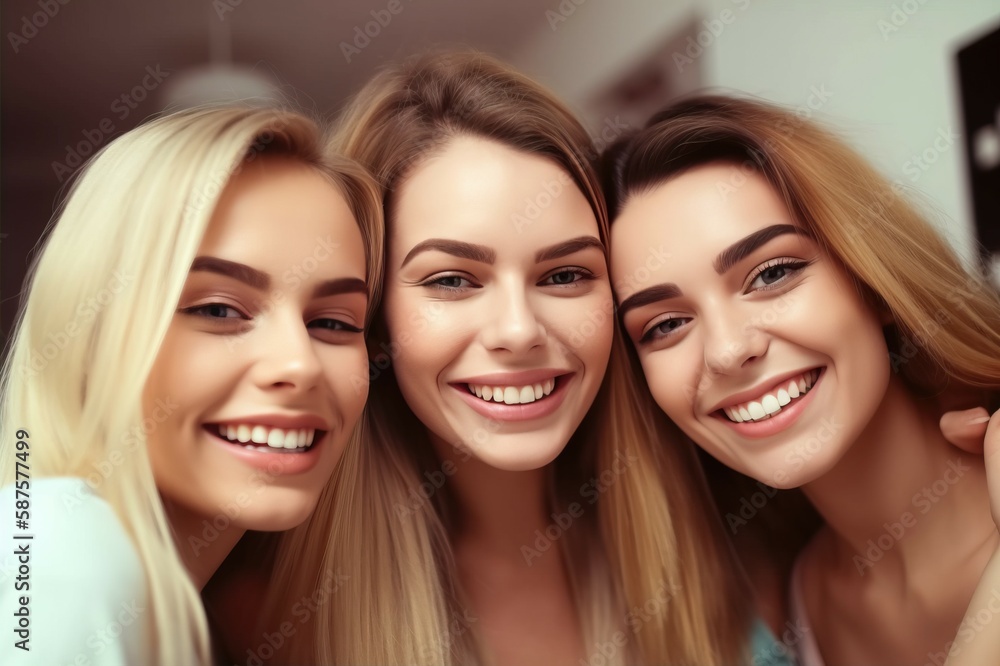 Close-up of three beautiful girls smiling happily at the camera. A selfie of a woman at home. AI-generated images Close-up of three beautiful girls smiling happily at the camera. A selfie of a woman at home. AI-generated images