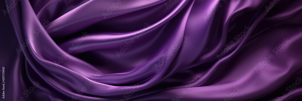 Obraz premium Purple silk textile background. Violet color satin fabric texture, banner. Luxury wavy backdrop. Generative AI