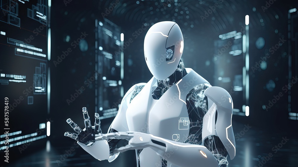A white AI robot pressing touch buttons in the air, symbolizing technological progress and daily information analysis and processing, generative ai A white AI robot pressing touch buttons in the air, symbolizing technological progress and daily information analysis and processing, generative ai