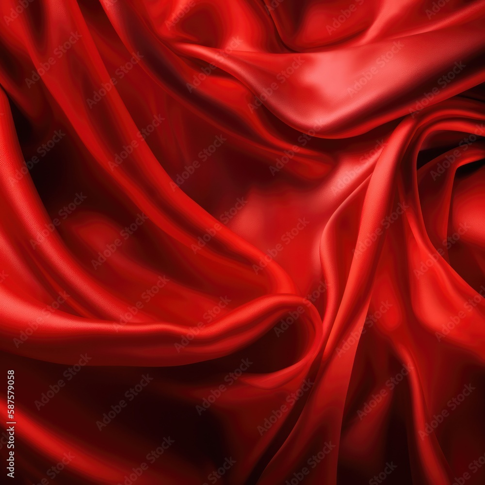 Fototapeta premium Red silk textile background. Passion color satin fabric texture. Luxury wavy backdrop. Generative AI