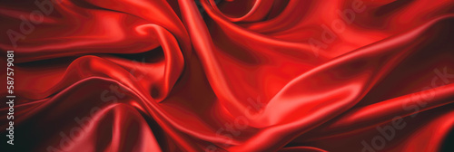 Red silk textile background. Passion color satin fabric texture, banner. Luxury wavy backdrop. Generative AI