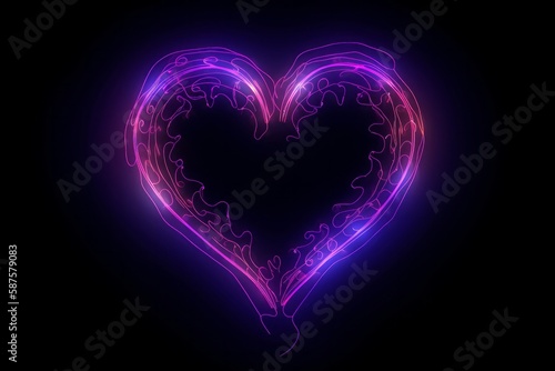 Pink Violet Neon Heart. Abstract heart isolated on black background. Glowing art. Modern minimal concept. Festive illustration for Valentine day. Copy space   Generative AI