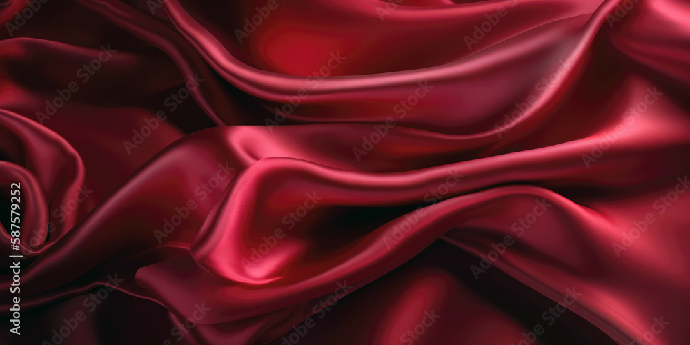 Fototapeta premium Red silk textile background. Passion color satin fabric texture. Luxury wavy backdrop. Generative AI