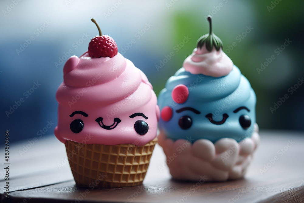Two cute kawaii cakes, japanese culture. Closeup of sweet funny