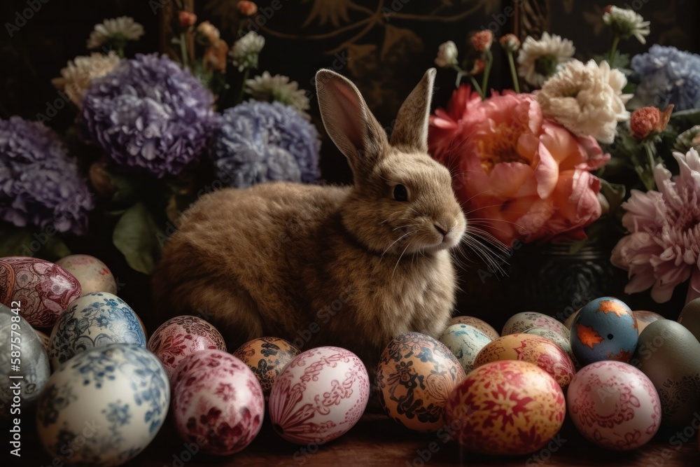 Easter bunny between flowers and ornate eggs. Postproducted generative AI illustration. Easter bunny between flowers and ornate eggs. Postproducted generative AI illustration.