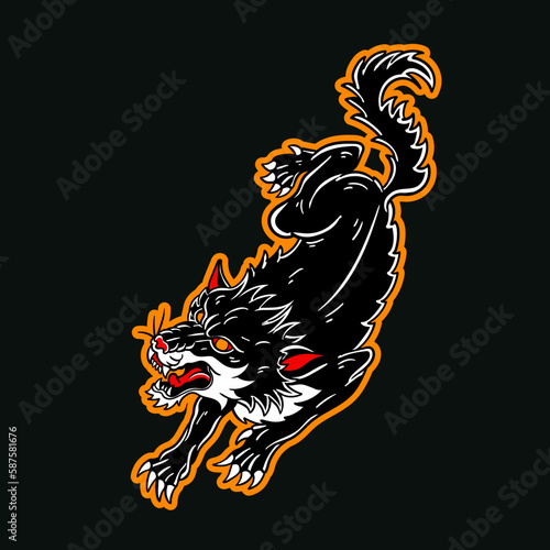 Hand drawn illustration of traditional wolf leader tattoo