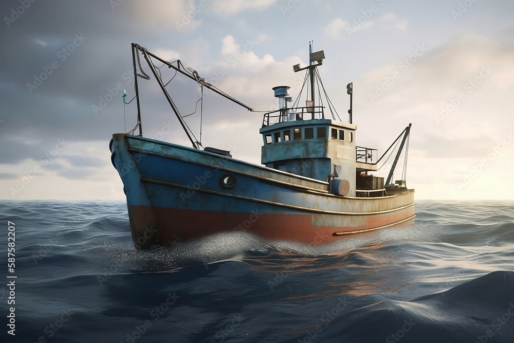 Fototapeta premium Sailing the Vast Ocean. A Large Fishing Ship on the High Seas