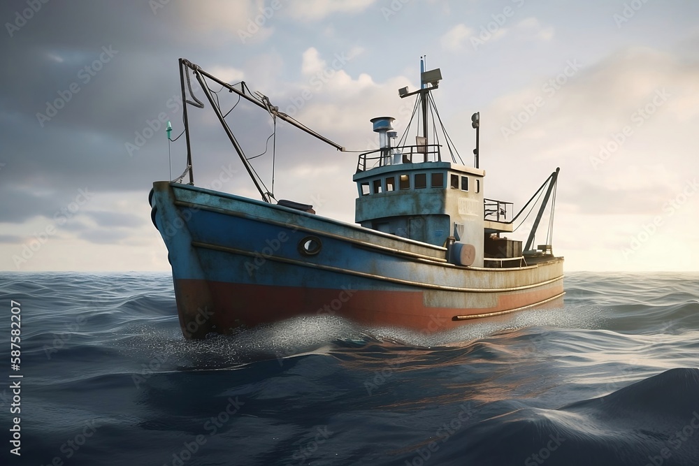 Sailing the Vast Ocean. A Large Fishing Ship on the High Seas