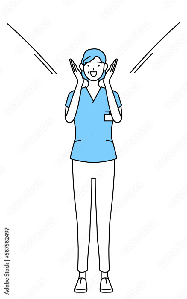 口に手を当てて呼び込みをする中年・シニア女性看護師、理学療法士、作業療法士、言語聴覚士、看護助手