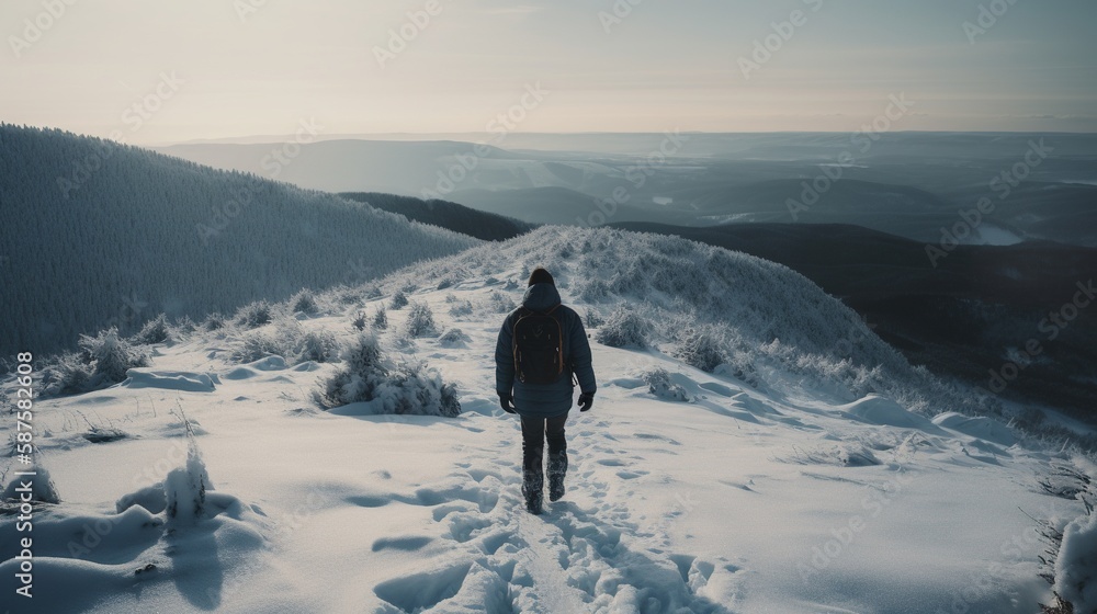 Hiker with backpack walking on snowy trail in winter mountains. Travel and adventure concept.Winter landscape.Generative Ai